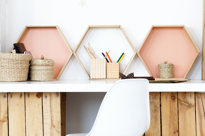 Modern DIY desk made of wooden boxes in bright color