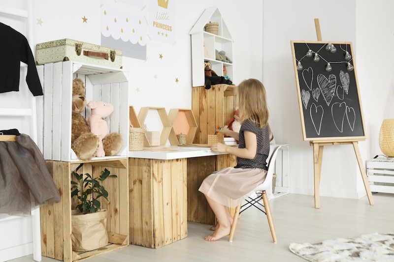 Ethereal clean girl's room with DIY desk and shelves